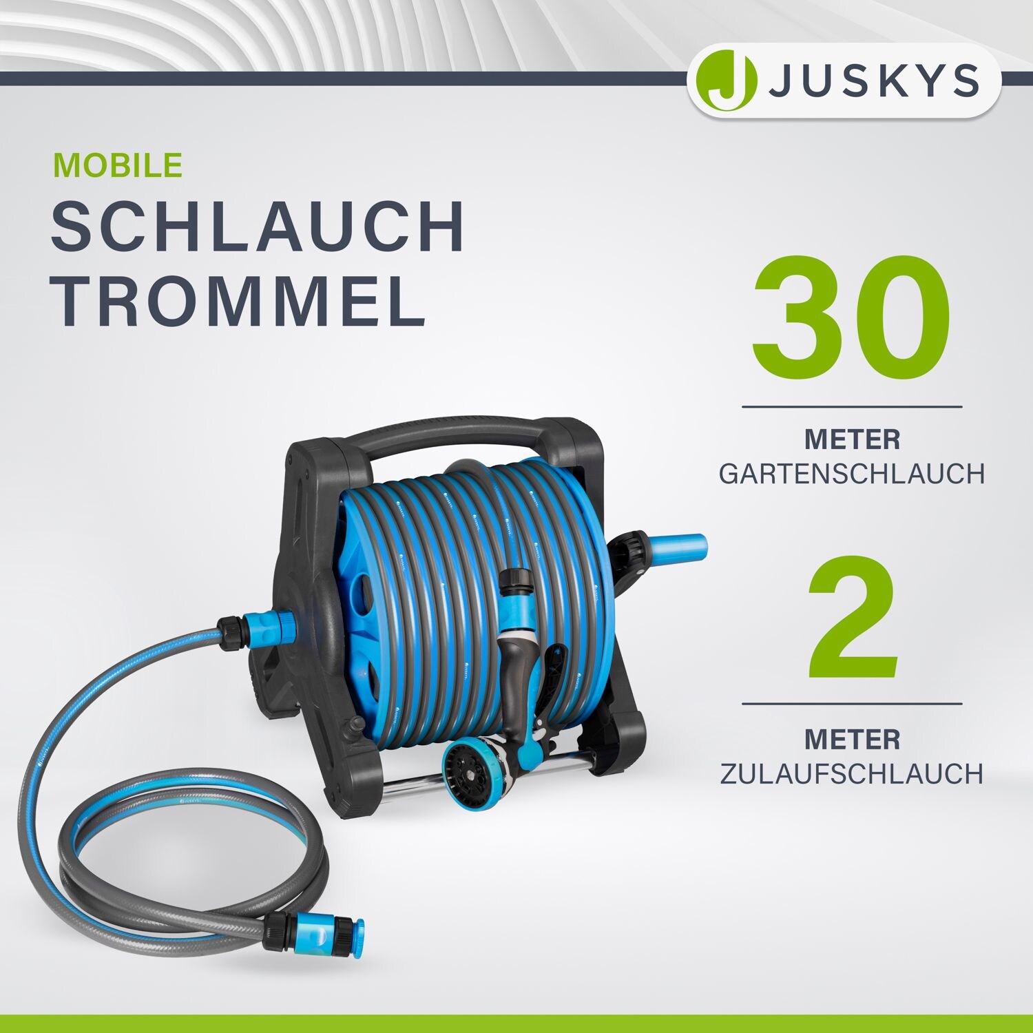 Juskys Schlauchtrommel Basic mit 30 m Wasserschlauch, Multifunktionsbrause und Halterung – Blau Grau