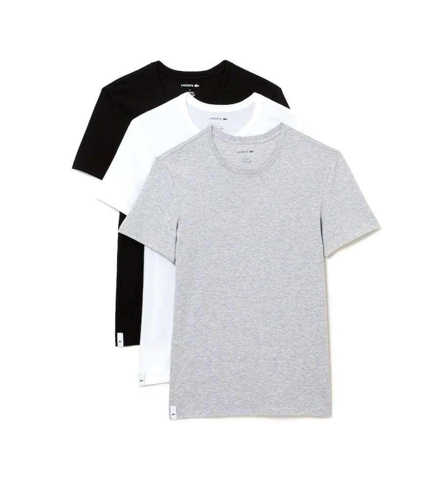 Conjunto de 3 camisetas Lacoste para usar em casa: branca, cinza e preta.
