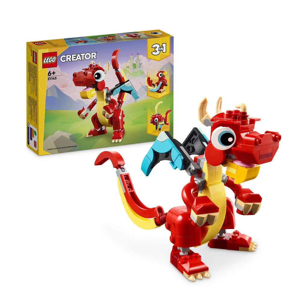 De rode draak3-in-1 Rode draak Speelgoed Dieren Figuren Set met Vis en Feniks 31145