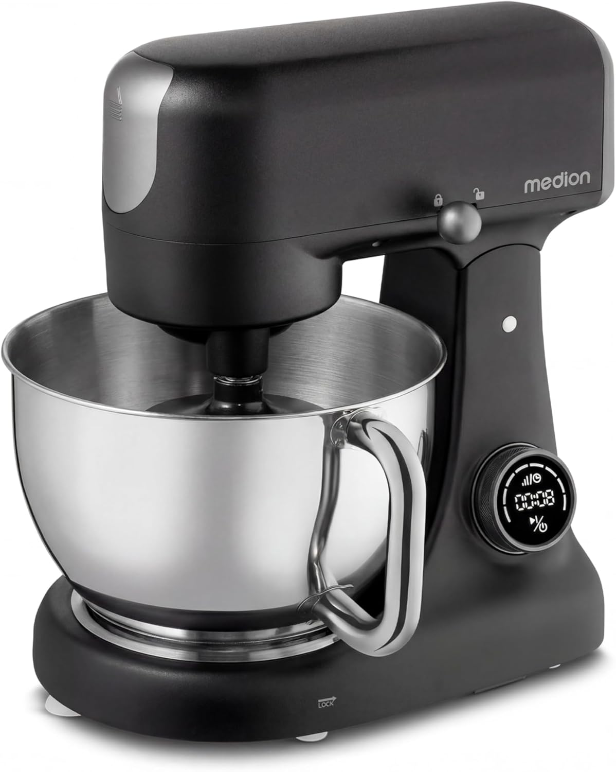 MEDION Küchenmaschine (Fleischwolf, 4,6 L Edelstahlschüssel, leiser Gleichstrommotor, 800 Watt, Reiben Raspeln Schneiden, Digitales Sensor Touch Display, Knetmaschine, Teigmaschine, MD12600) schwarz