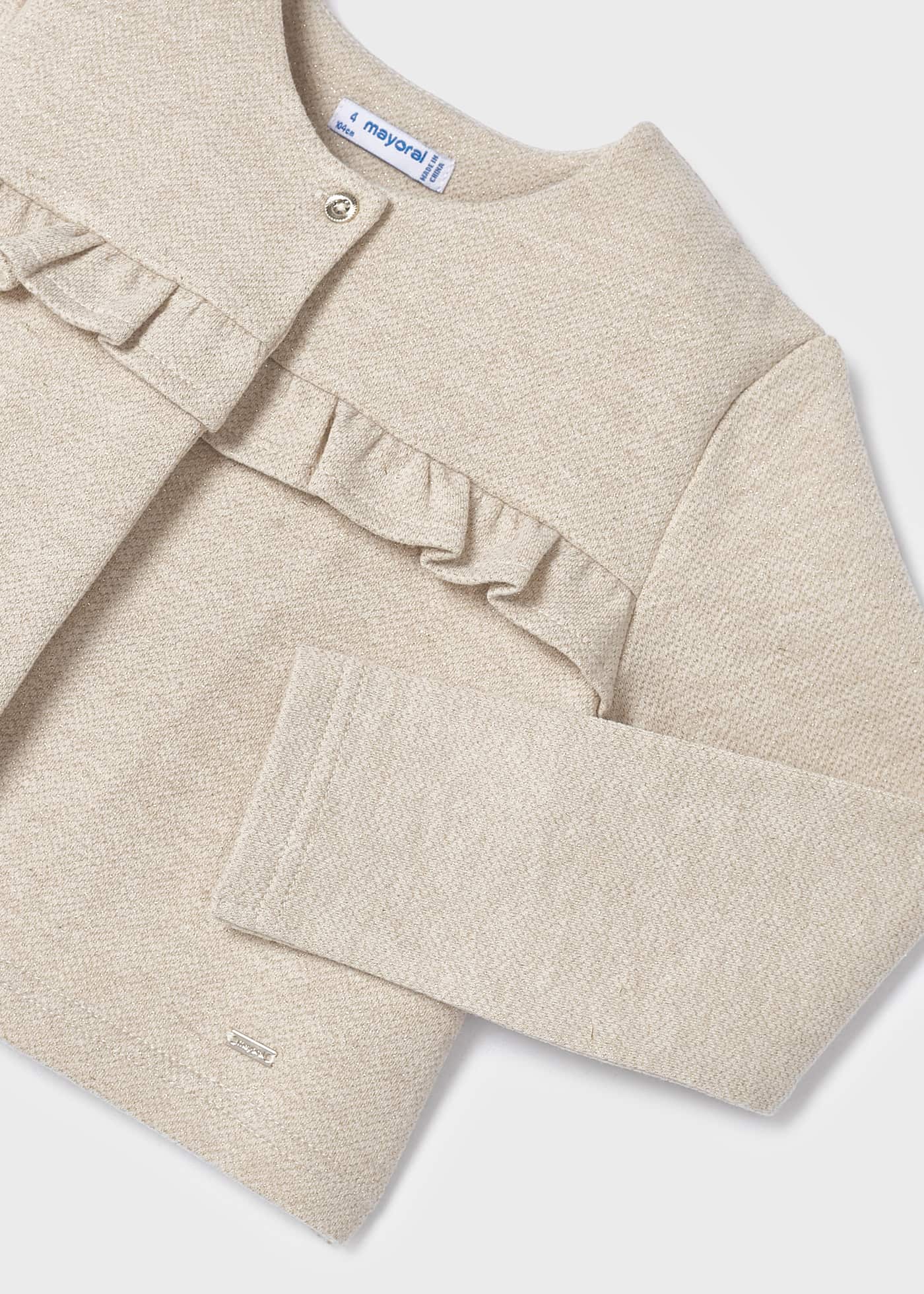 Casaquinho de tricô com fio metálico e babado para meninas