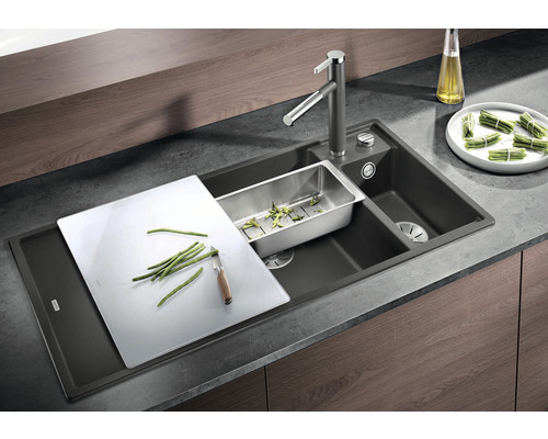 Blanco AXIA III 6 S spoelbak, 1000 x 510 mm, zwart, zonder multifunctionele kom, 525850, 1 kom, kom rechts, met secundaire kom en afdruiprek