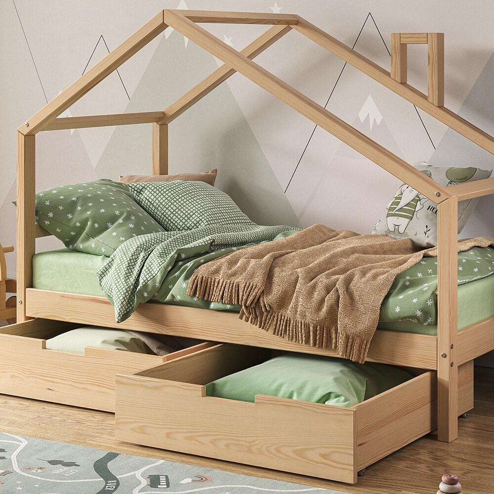 VitaliSpa Kinderbett Lori 160x80cm Natur Hausbett inkl. Matratze & Schublade