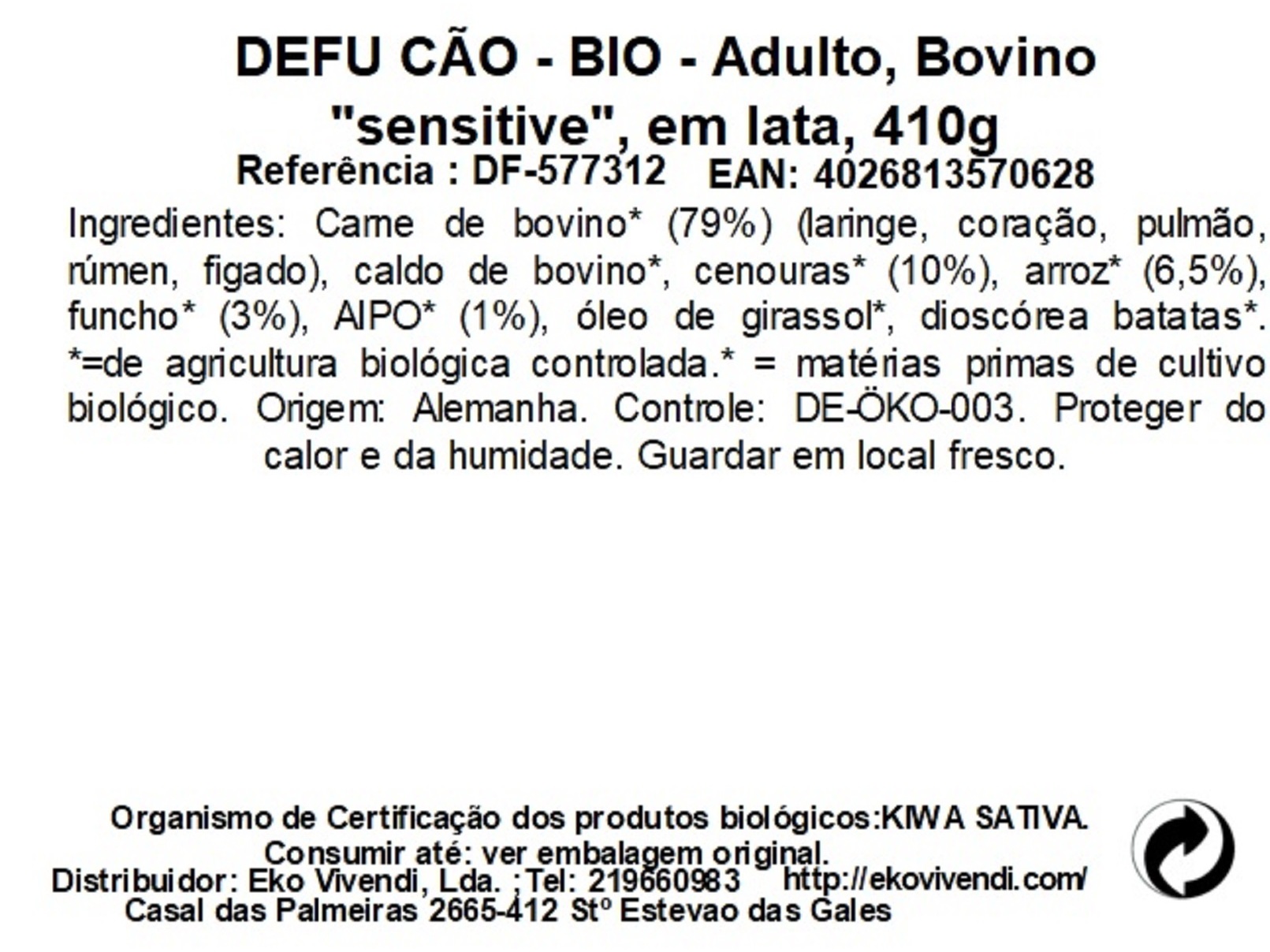 COMIDA HÚMIDA BIO CÃO DEFU SENSITIVE BOVINO 410G