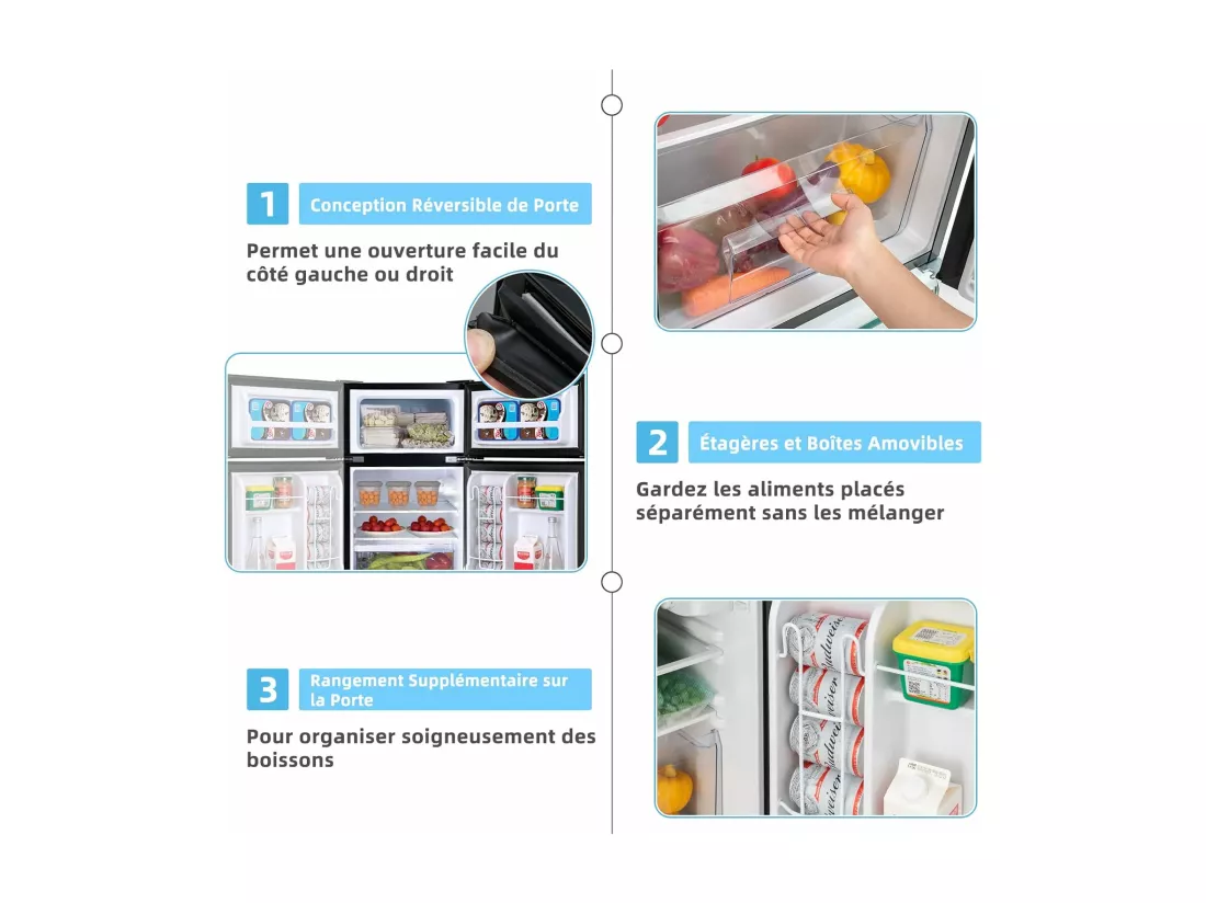 Réfrigérateur à Double Porte 90 L, Réfrigération Rapide, Économie d'énergie, Réfrigérateur en Métal avec 7 Niveaux de Température (Noir) [Classe énergétique E]