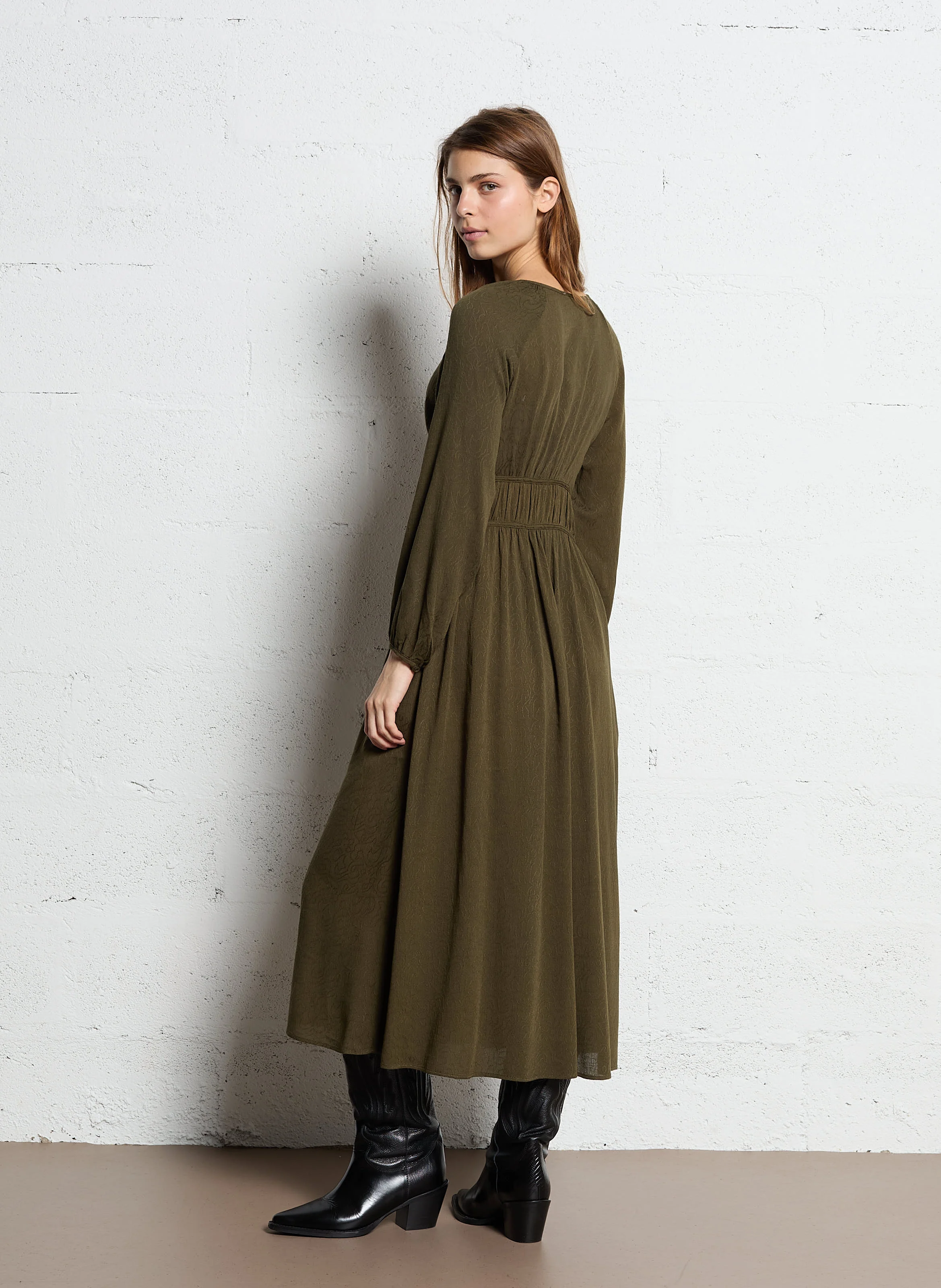 Robe longue col V | Vert