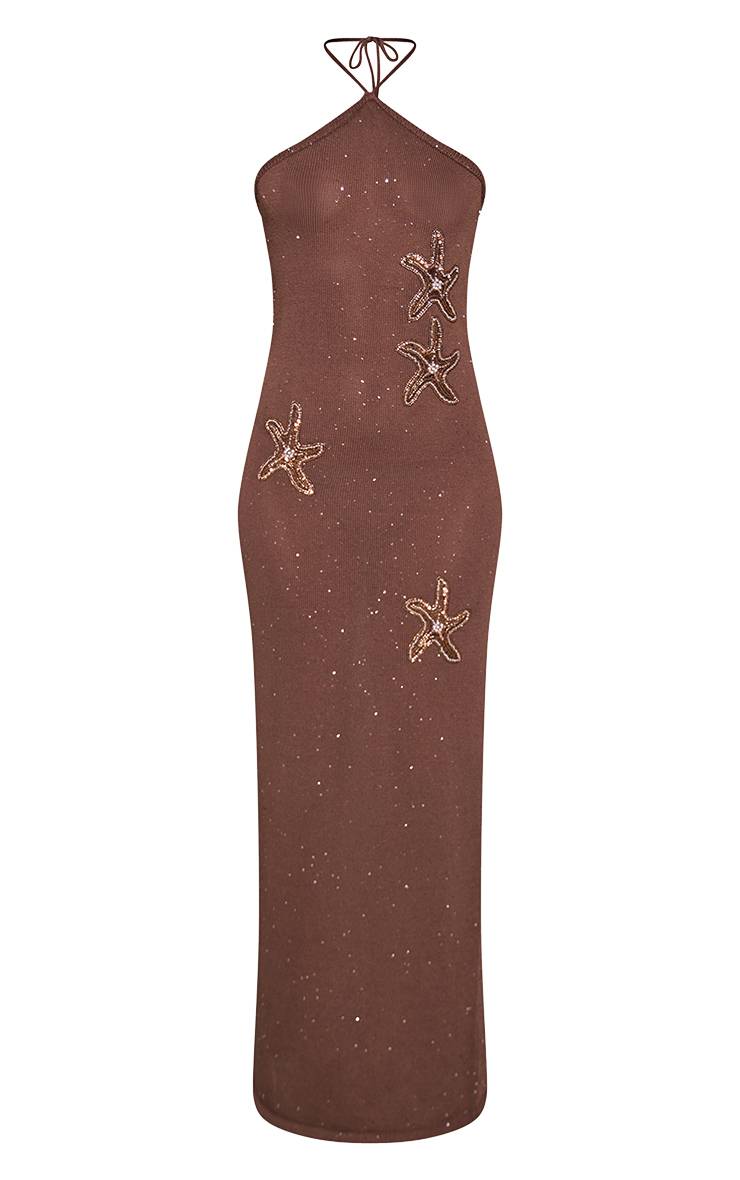 Chocolat Robe Maxi En Maille À Sequins Avec Broderie D'étoile De Mer