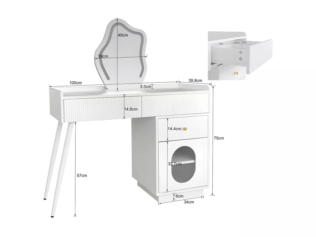 Coiffeuse avec miroir et éclairage LED - 2 tiroirs et une armoire amovible - Blanc (tabouret non inclus)