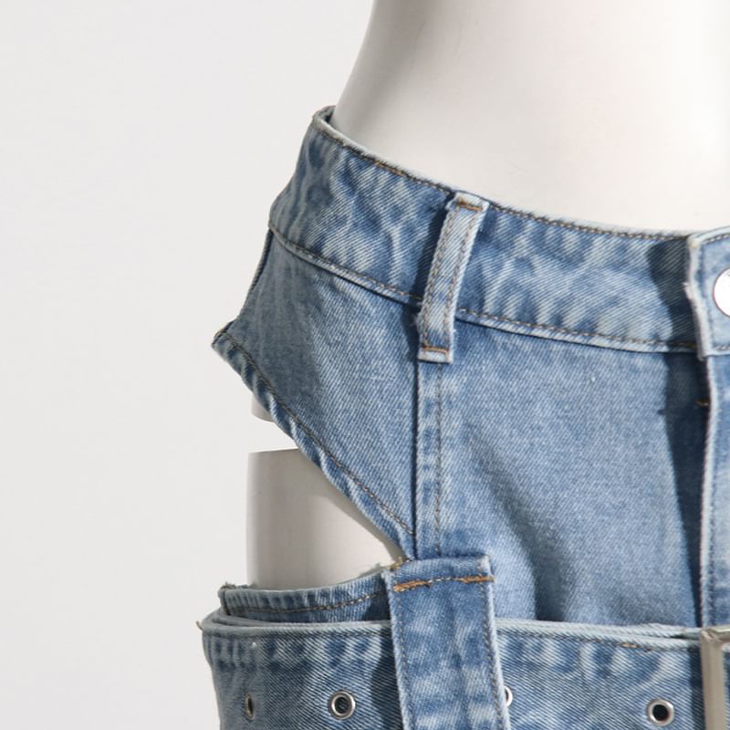 Moxub - Hoge taille jeans met wijde pijpen en uitsparingen