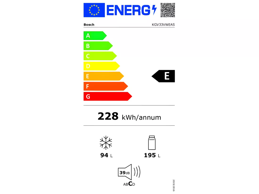 Réfrigérateurs combinés 287L Froid Brassé BOSCH 60cm E, KGV33VWEAS