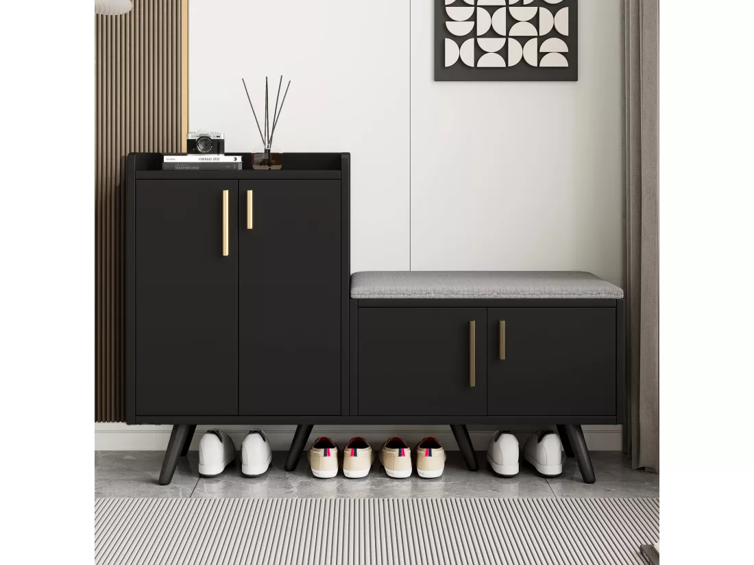 Banc à chaussures moderne avec 4 portes et coussin - pièds et poignées en métal - coloris noir - 120 x 34 x 82 cm