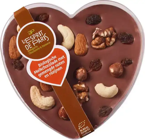 Chocolade hart melk met gemengde noten en rozijnen
