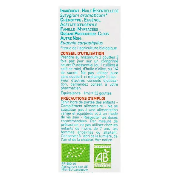 Óleo Essencial de Cravo Orgânico Puressentiel 5ml