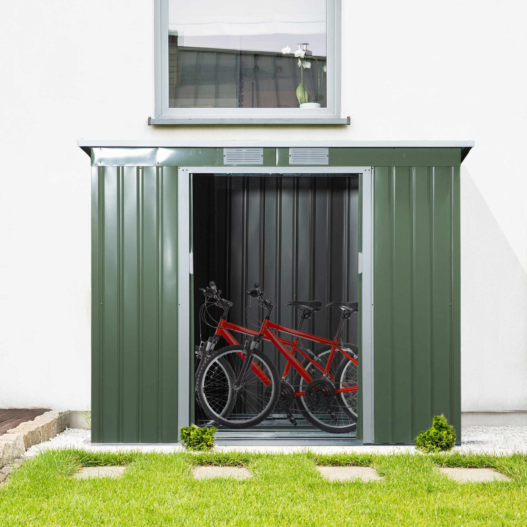 Casinha de Jardim Outsunny 213x130x172 cm com Base de 2,42 m², em Metal, para Armazenamento de Ferramentas Externas, com 2 Portas Deslizantes e 2 Janelas, Verde
