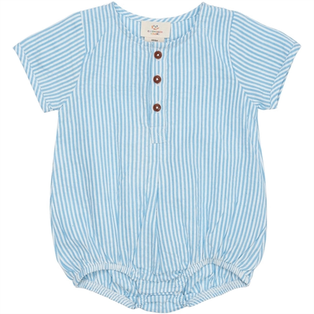 Køb COPENHAGEN COLORS Sky Blue W Cream Stripe Seersucker Romper m. ærmer