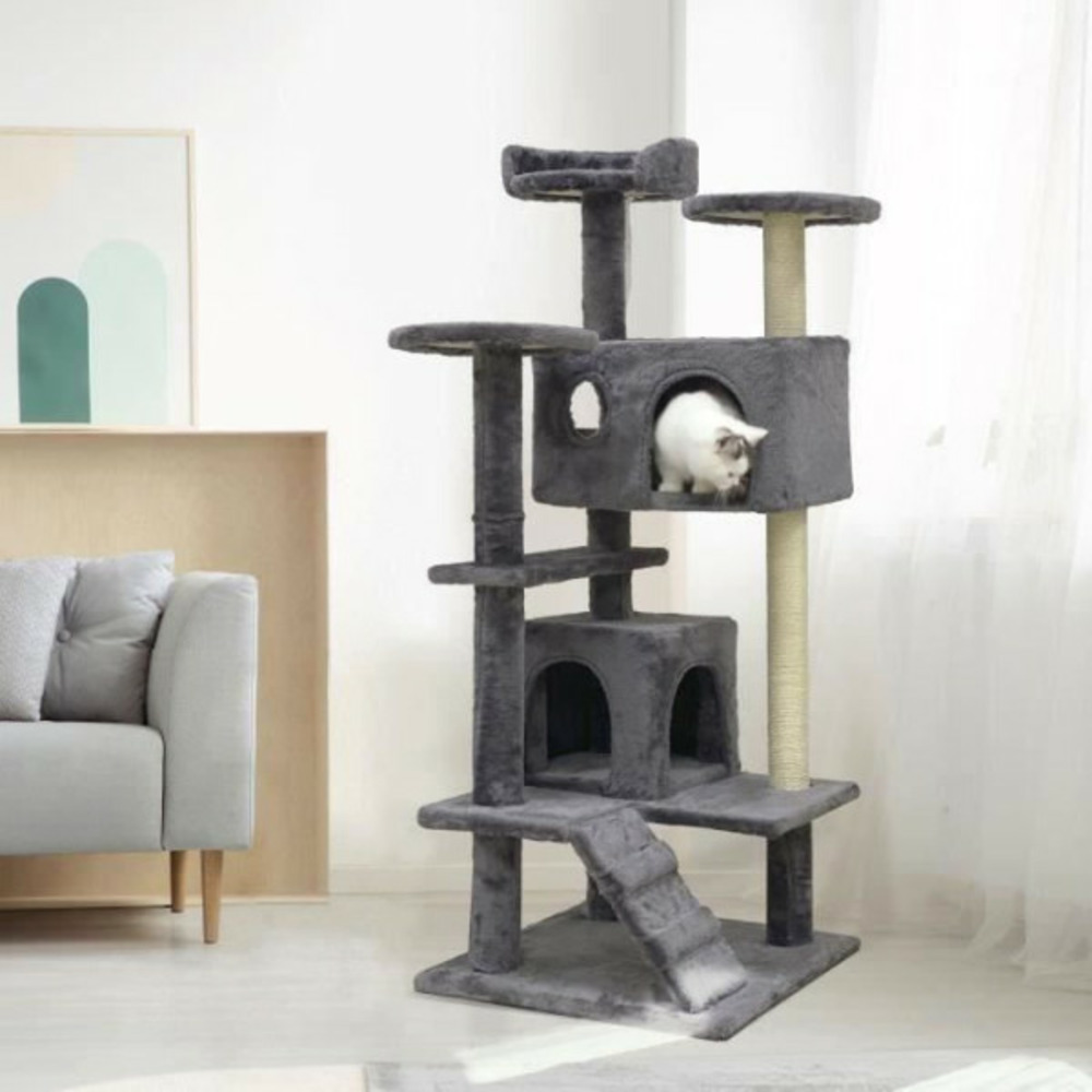 Suzi - arbre a chat gris 50 x 50 x 125 cm 5 plateformes – 2 niches – 1 escalier et poteaux a griffer