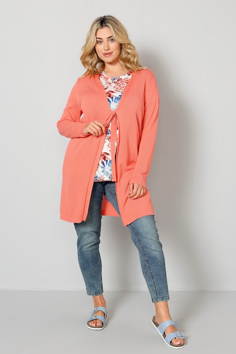 Long-Strickjacke, V-Ausschnitt, Bindeband, Langarm