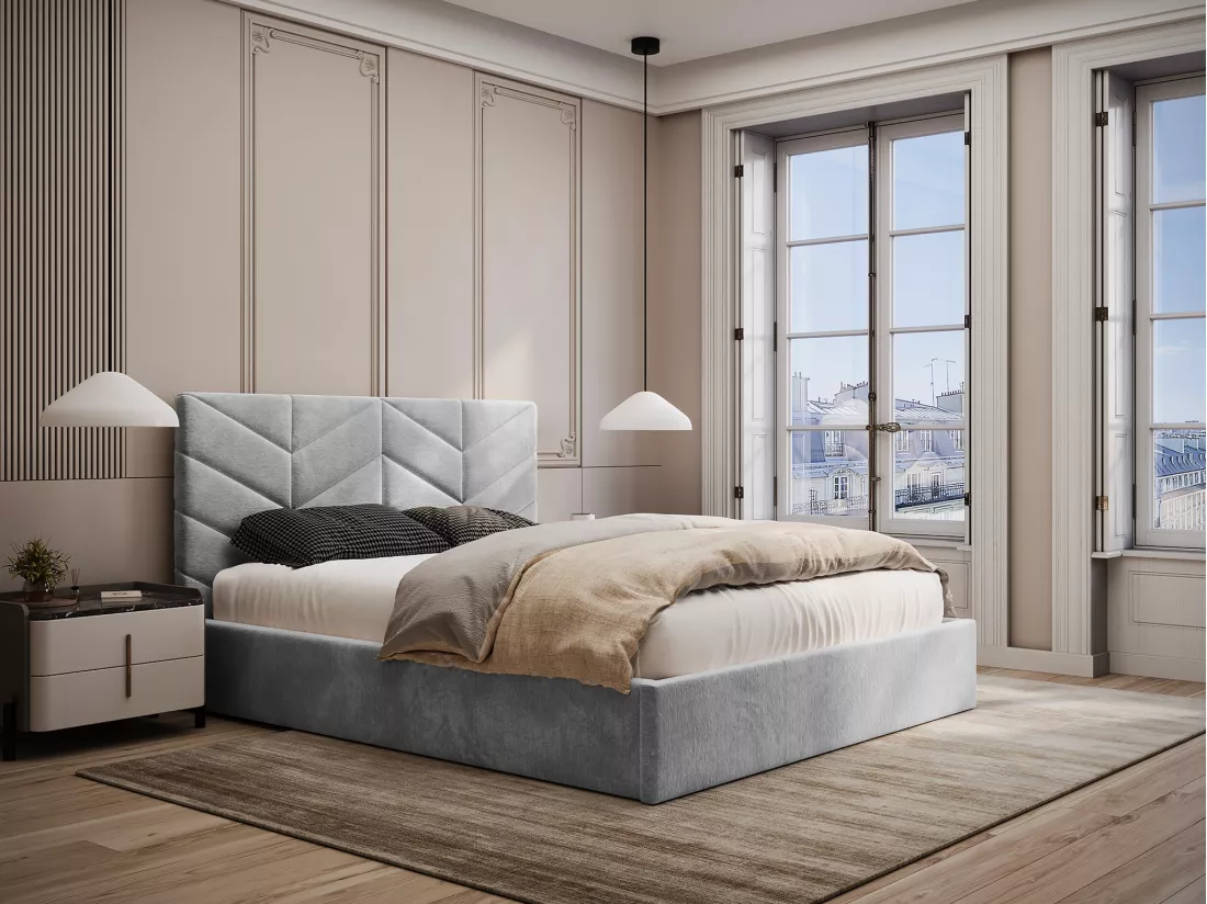 Lit coffre 160 x 200 cm - Tissu texturé - Gris - JUSTANI