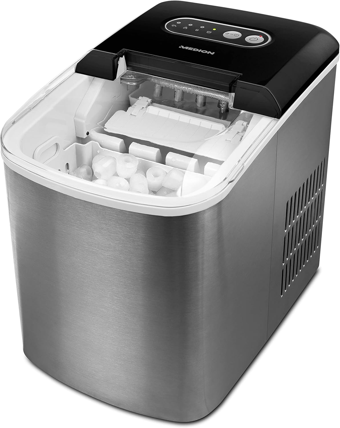 MEDION Eiswürfelmaschine (Eiswürfelbereiter, 2,2 Liter Wassertank, kurze Produktionsdauer 6-12 Minuten, 2 wählbare Eiswürfelgrößen, selbstreinigend, Edelstahl, MD17739)