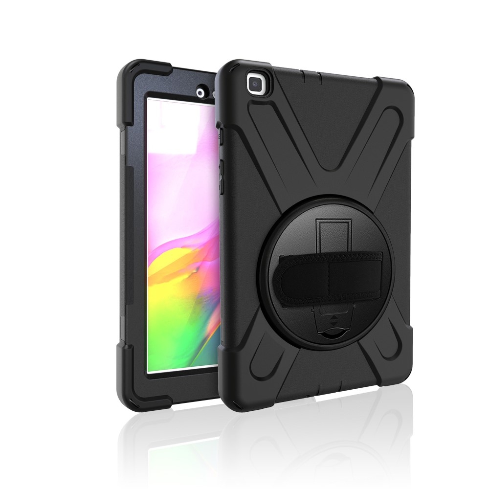 Samsung Galaxy Tab A 8.0 (2019) Hybrid Outdoor Silikon Case Hülle mit Aufsteller und Handschlaufe - Schwarz