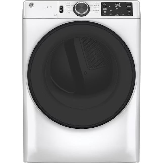 Secadora elétrica inteligente empilhável GE de 7,8 pés cúbicos (branca) com certificação ENERGY STAR.