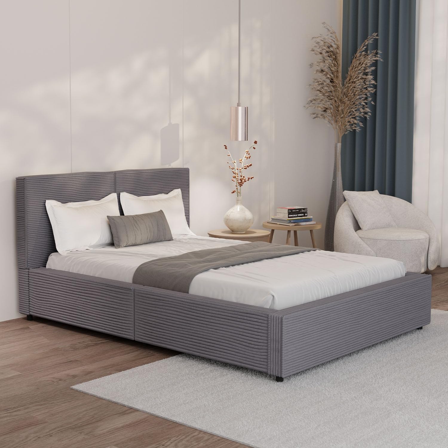Juskys Polsterbett Salerno 140 x 200 cm – Cord Grau, modernes Bett mit Kopf- & Fußteil, stabilem Holz- & Metallrahmen, Lattenrost, 500 kg Tragkraft