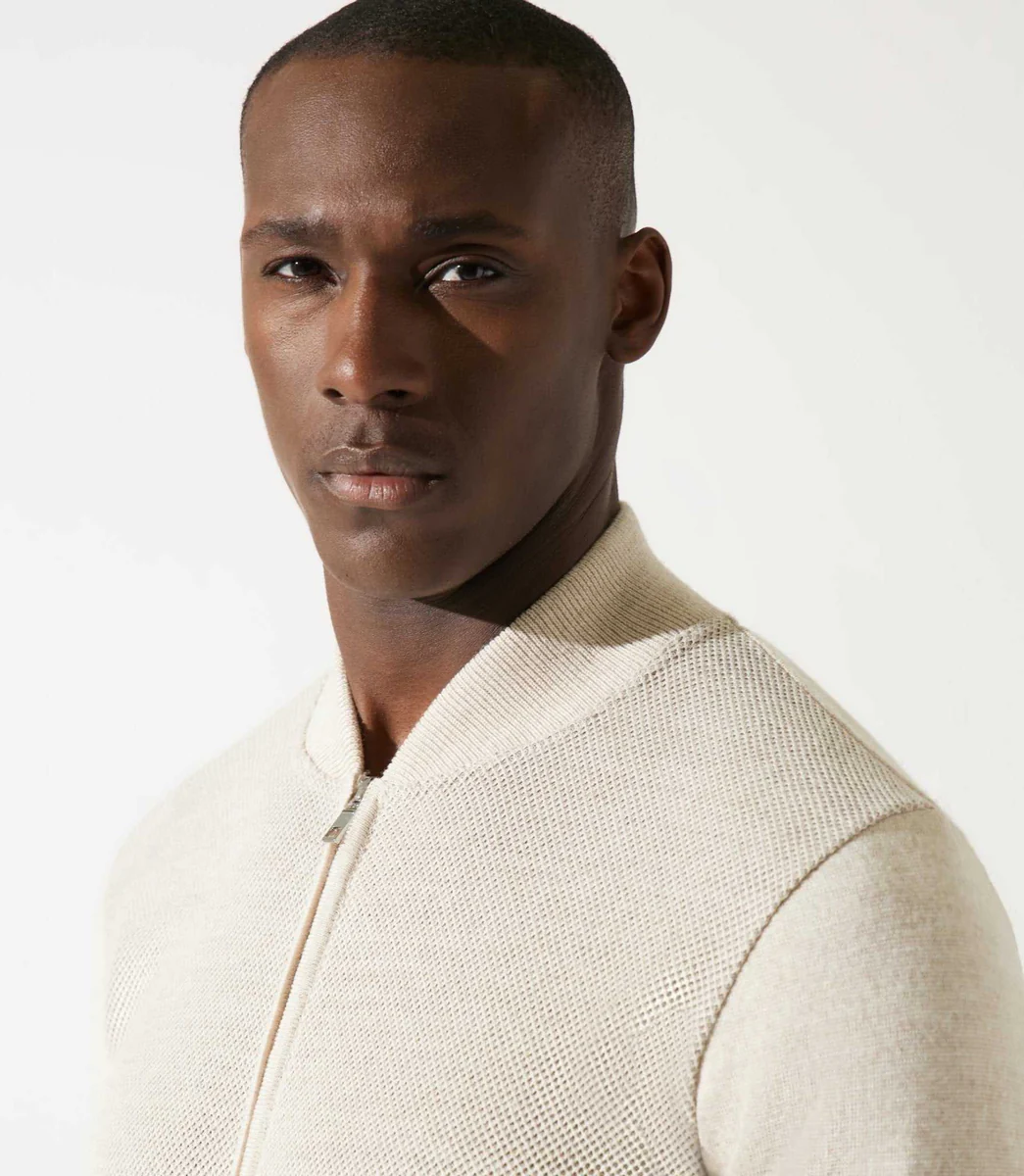 Gilet zippé jeux de point beige en mérinos