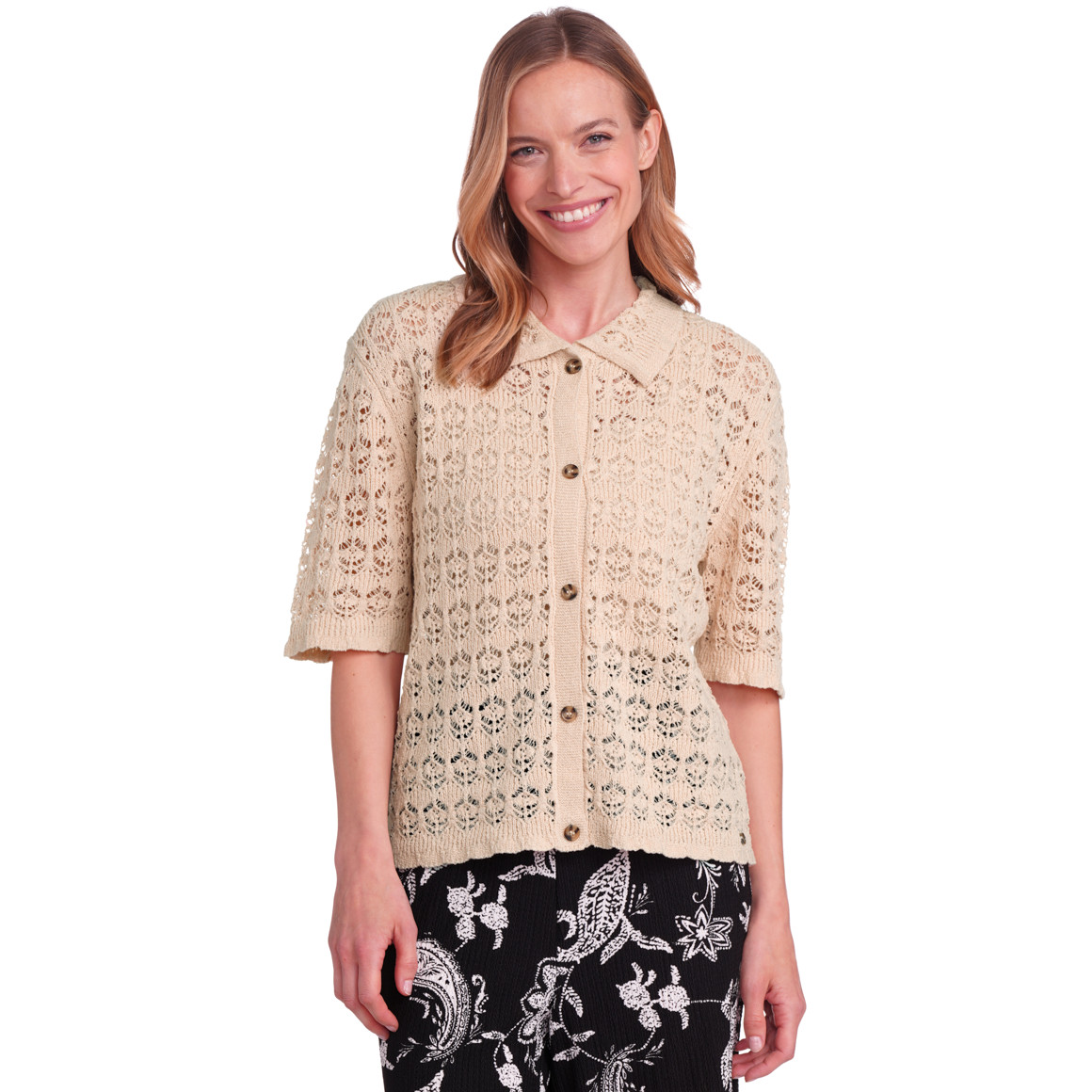 Gina Benotti Damen Strickjacke mit Ajour-Muster beige