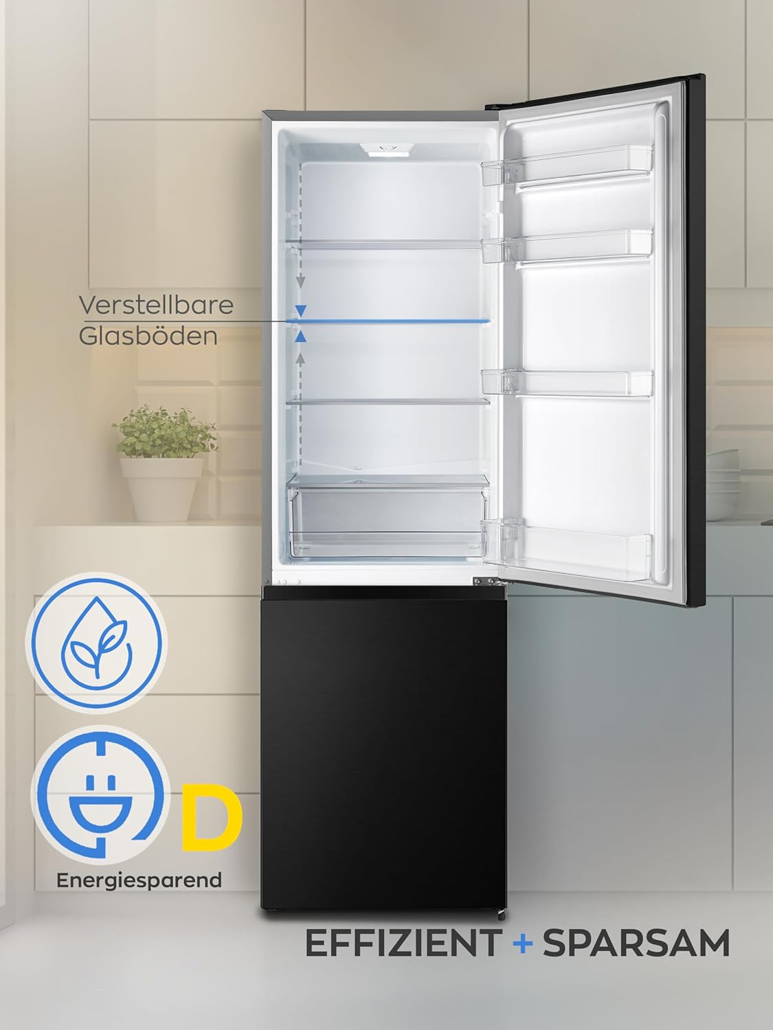 Heinrich´s Kühlgefrierkombination 269 Liter, Kühlvolumen 198L, Gefrierfach 71L,LED Beleuchtung,Kühlschrank Türanschlag wechselbar, leise 39dB,große Tiefkühlboxen, 7 Temperaturstufen, (schwarz-inox)