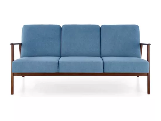 Canapé rétro 3 places en tissu bleu et pied en bois Franky