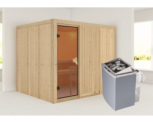 Karibu Gobina modulaire sauna inclusief 9 kW kachel en geïntegreerde bedieningseenheid, zonder dakrand, gebronsde volledig glazen deur