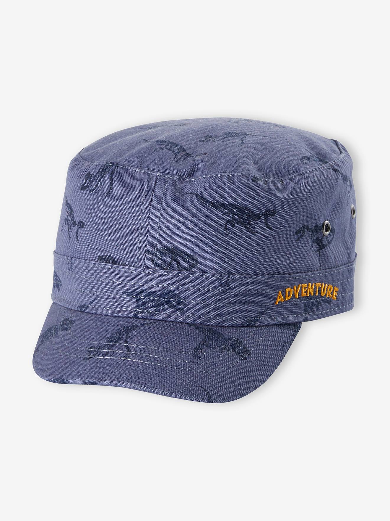 Boné estilo militar com estampa de dinossauro, para meninos, tamanho médio, estampa azul.