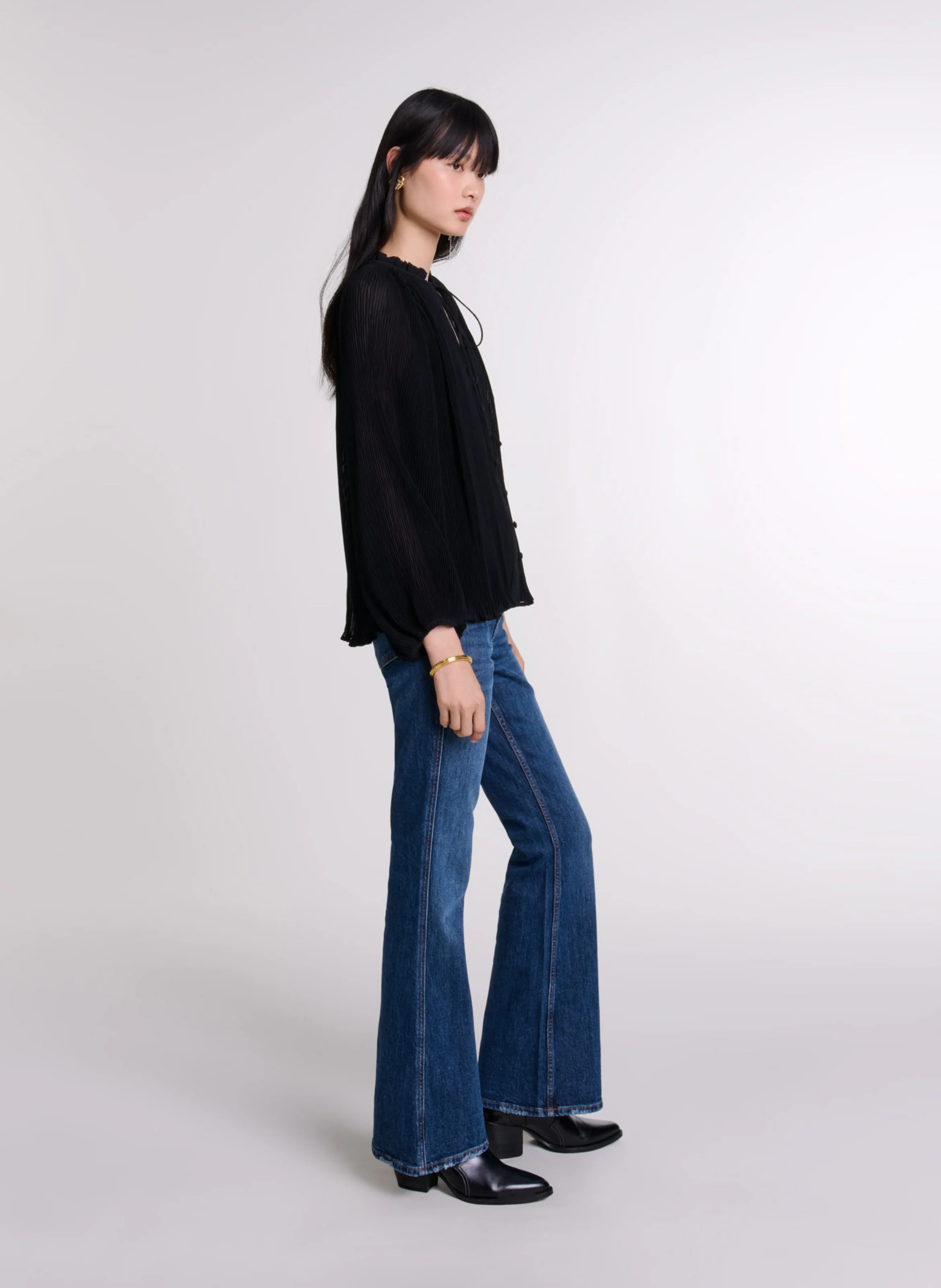 Blouse col rond plissée | Noir