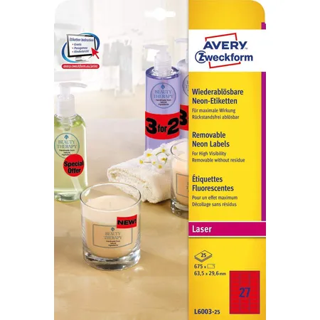 Avery Zweckform L6003-25 Etiketten in Sonderfarben,A4 63,5 x 29,6 mm, 25 Bogen/675 Etiketten, neonrot