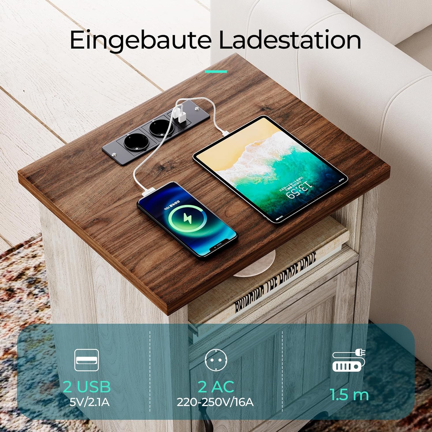 LINSY HOME Nachttisch 2er Set, 48cm Breit Holz Beistelltisch mit Steckdose, Nachtschrank für Schlafzimmer, Wohnzimmer, Couch mit USB Ports und Steckdosen, Nachttisch mit Stauraum, 48x40x60cm, Beige