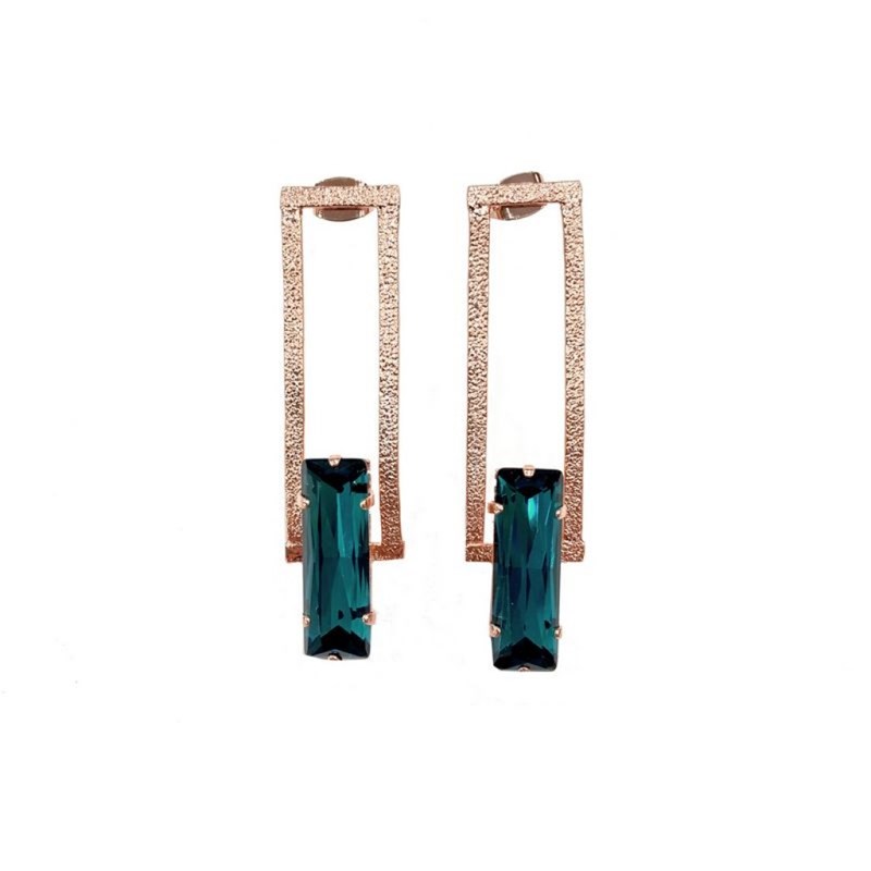 Boucles d'oreilles pendantes en plaqué or rose ornées d'une pierre cristal bleu - Bijou de créateur