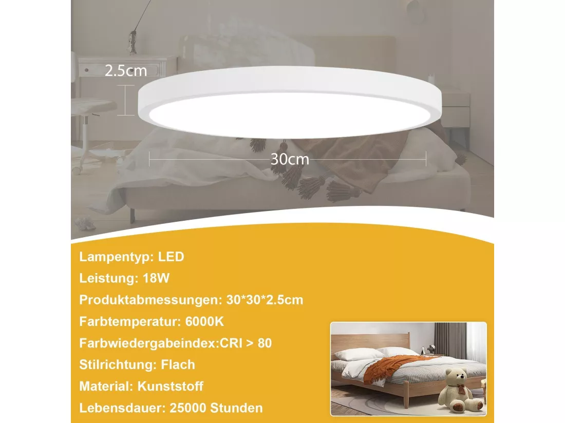 NETTLIFE plafonnier LED salle de bain Ø30cm lampe chambre lampe cuisine plate 4000K 18W lampe salle de bain IP44
