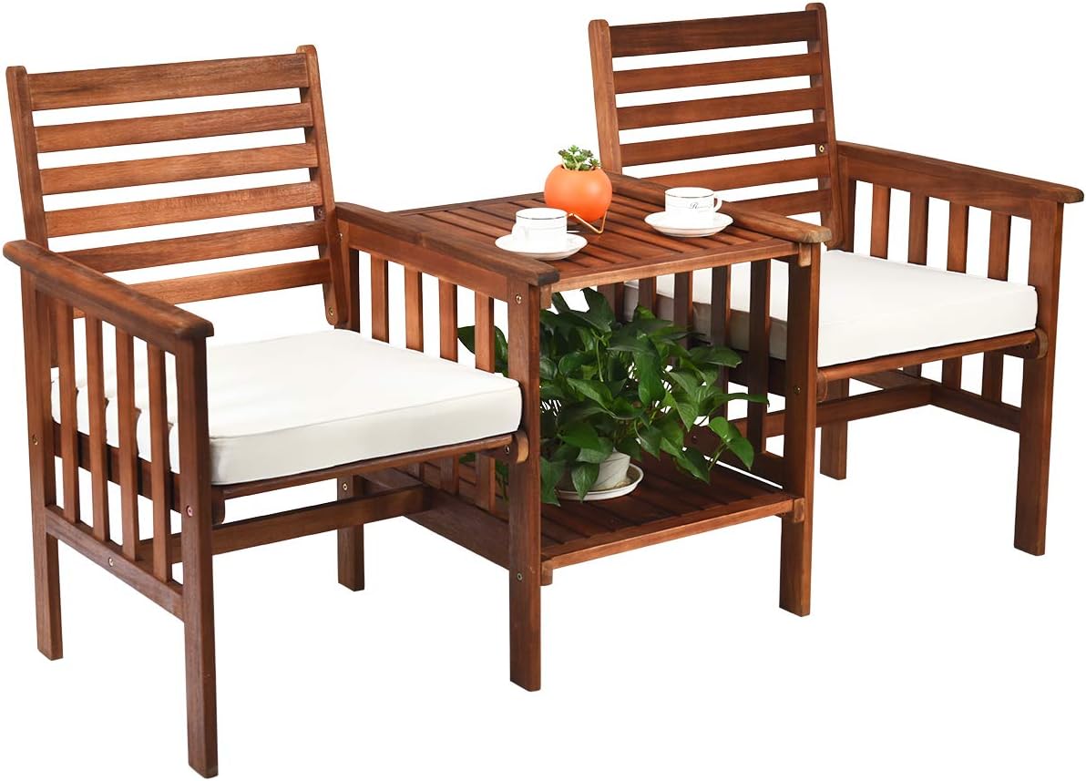 COSTWAY Gartenbank mit Tisch, 2-Sitzer Holzbank mit Sitzkissen & Schirmloch, Sitzbank aus Akazienholz bis 350 kg belastbar, Terrassenbank für Balkon, Garten, Terrasse, 165 x 65 x 88 cm