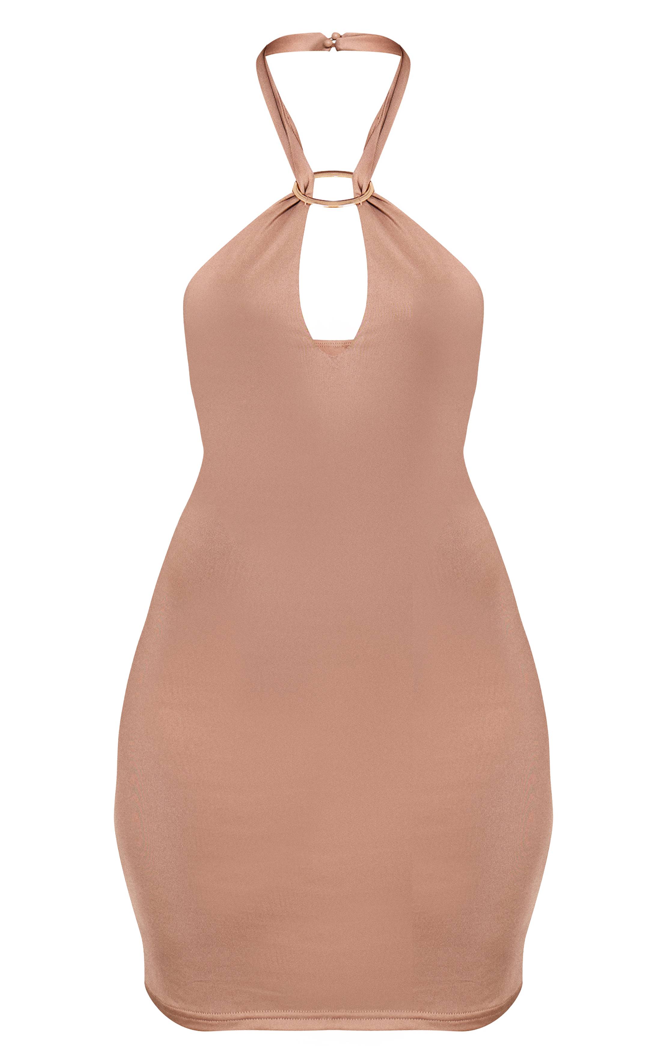 Taupe. Robe Courte À Détails De Finitions Toucher Doux