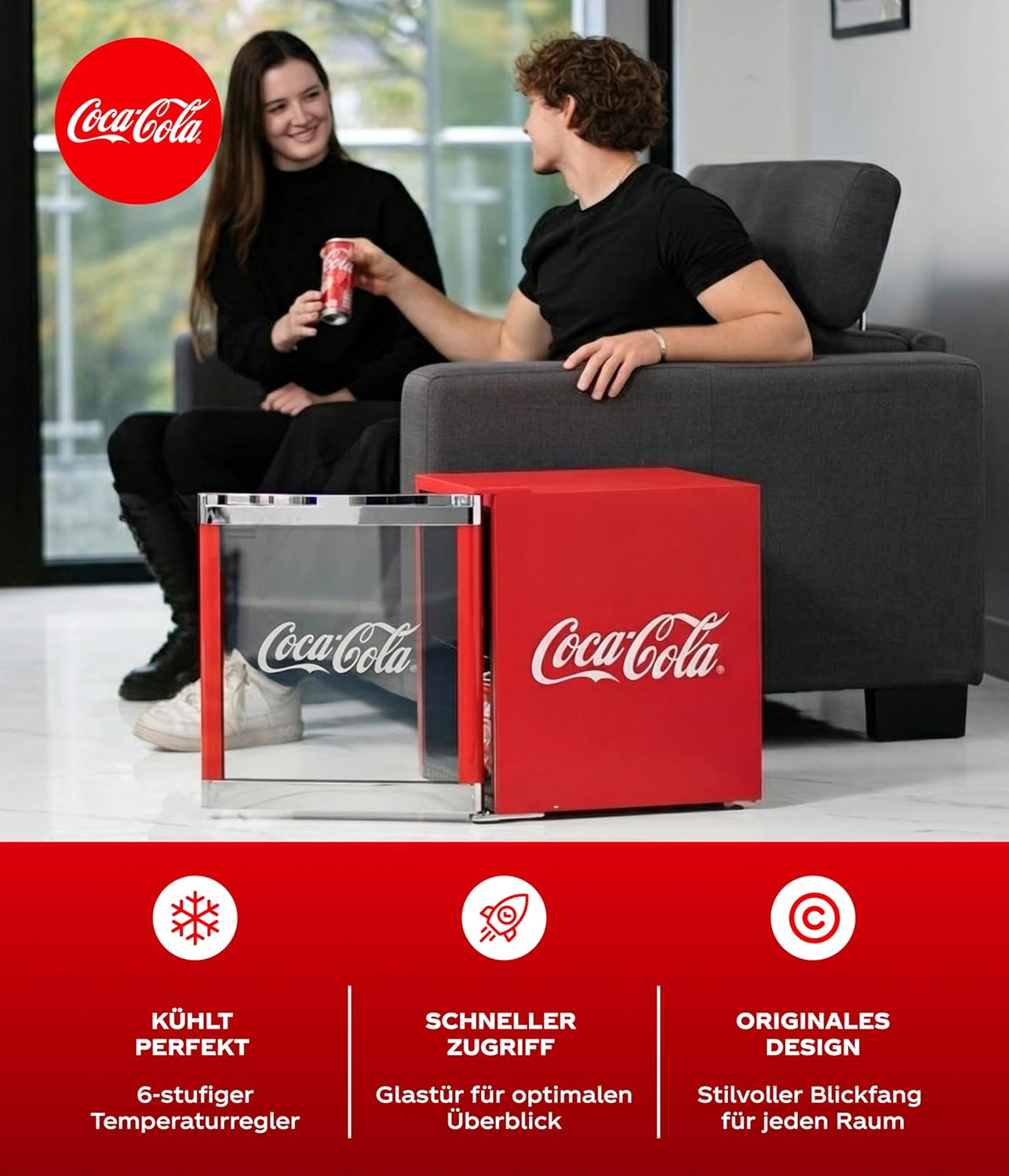 °CUBES Original Coca-Cola Mini Kühlschrank Rot 48L - Getränkekühlschrank mit Glastür, leise & energieeffizient - Für Büro, Partys & Gaming - Cooler Flaschenkühlschrank - Mini Kühlschrank für Getränke
