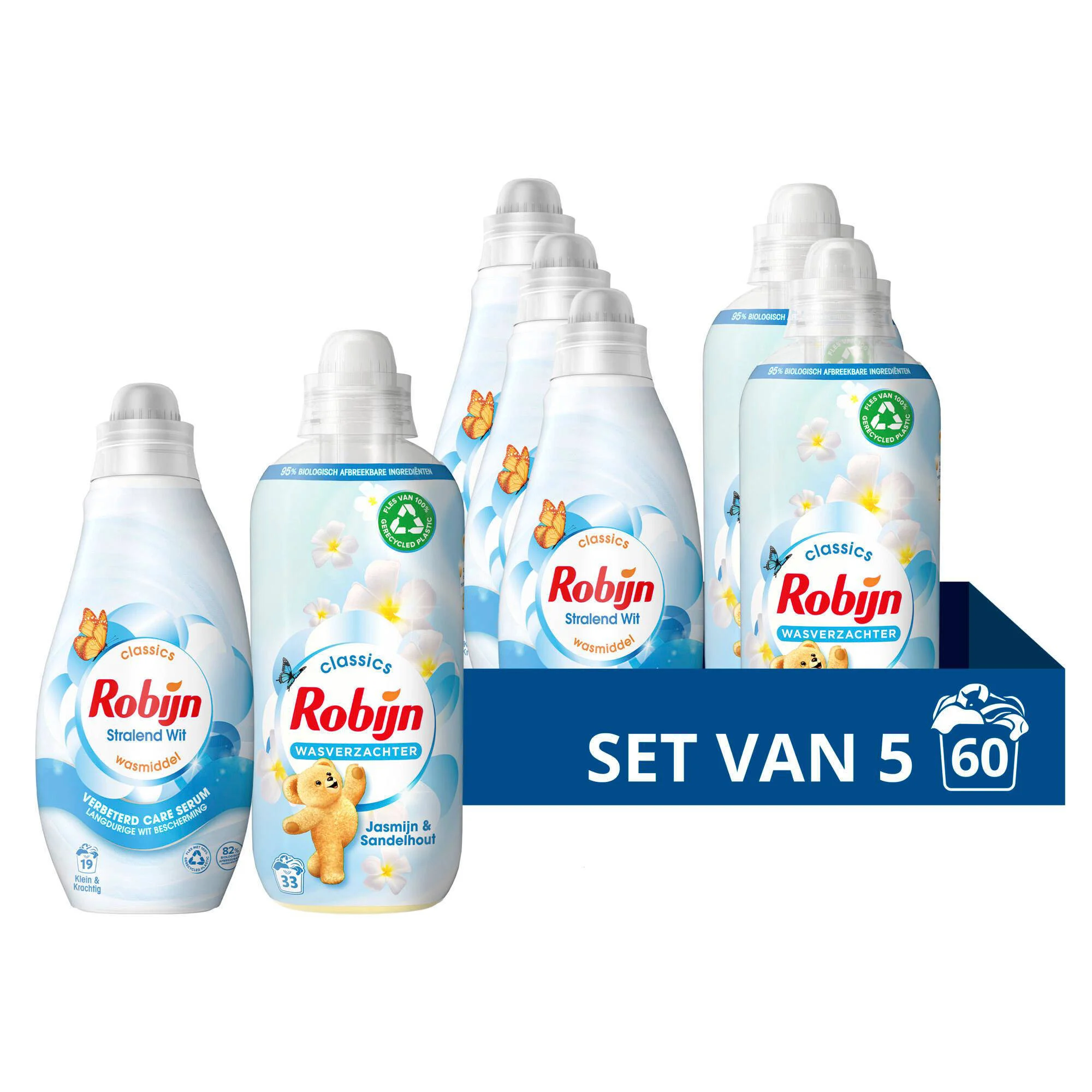 Robijn wasmiddel en wasverzachter pakket - Stralend Wit + Jasmijn & Sandelhout - set van 5 - 60 wasbeurten