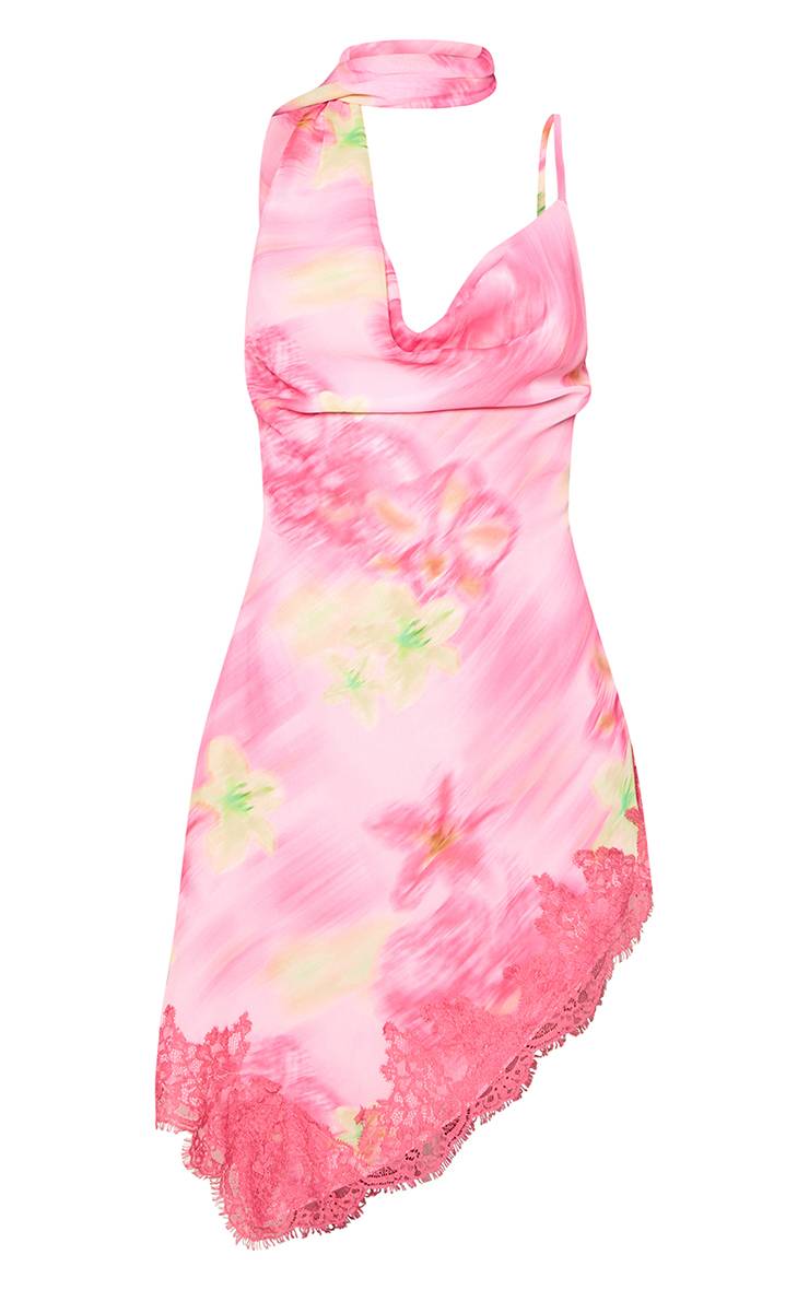 Rose Robe Mini Asymétrique En Mousseline Imprimée Abstraite Avec Détail Foulard Au Cou