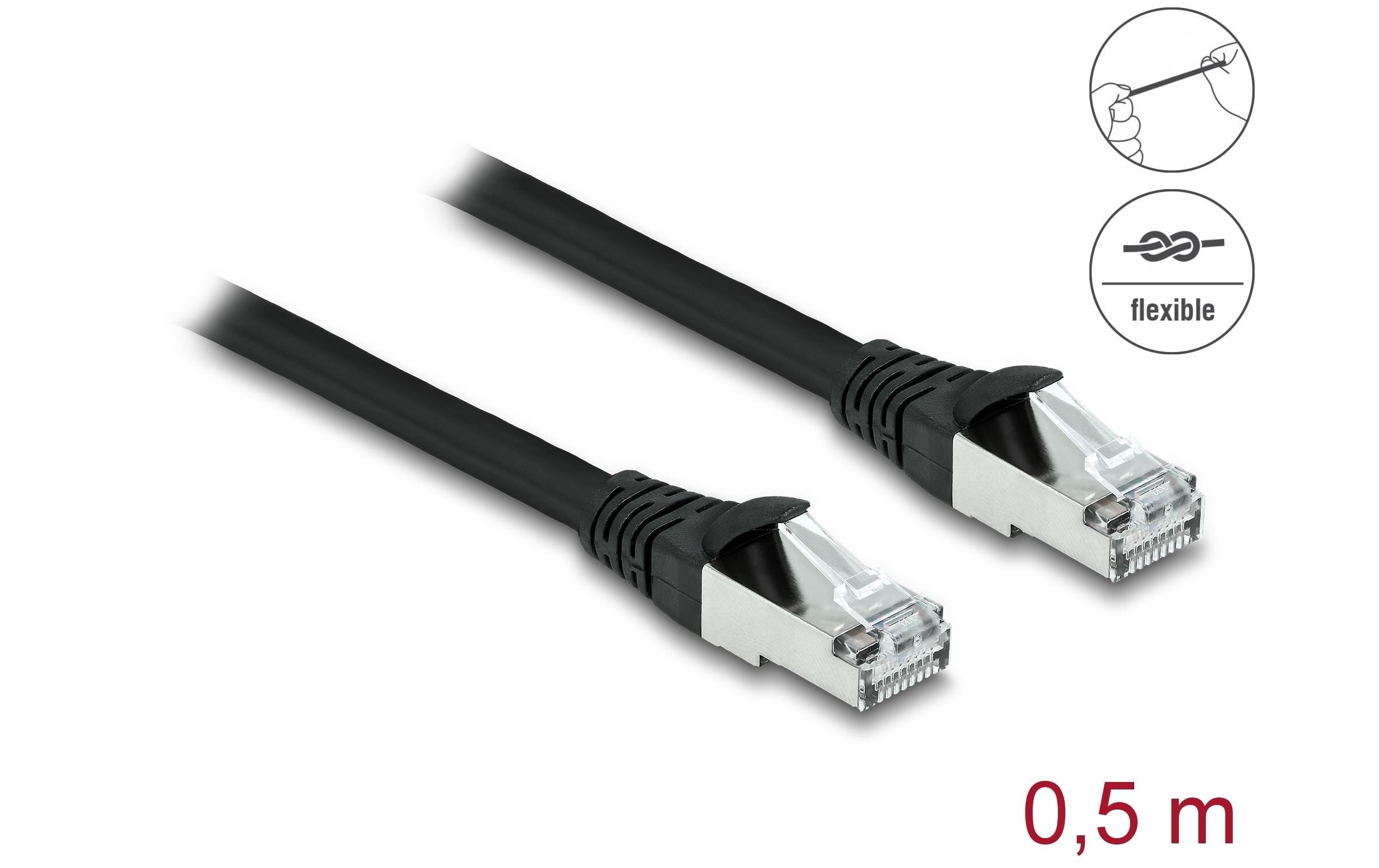 Patchkabel Outdoor Cat 6A, S/FTP, 0.5 m, SchwarzDelock RJ45 Netzwerkkabel Cat.6A S/FTP PUR Outdoor 0.5 m schwarz