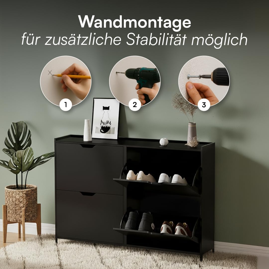 Bellamio Ceyhan Schuhschrank mit 4 Klappen – Schuhkipper schwarz aus Holz – Schuhregal schmal 100x19x90cm – platzsparend Flurschrank mit 4 geschlossenen Fächern – Schuhkommode für Flur/Garderobe
