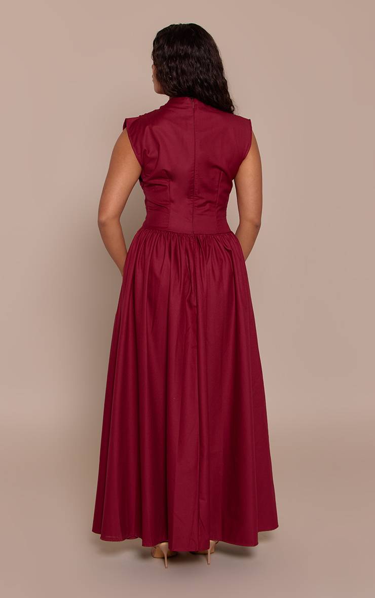 Rouge Bordeaux Robe Longue Moulante Corsétée À Col Montant En Tissu Tissé Shape
