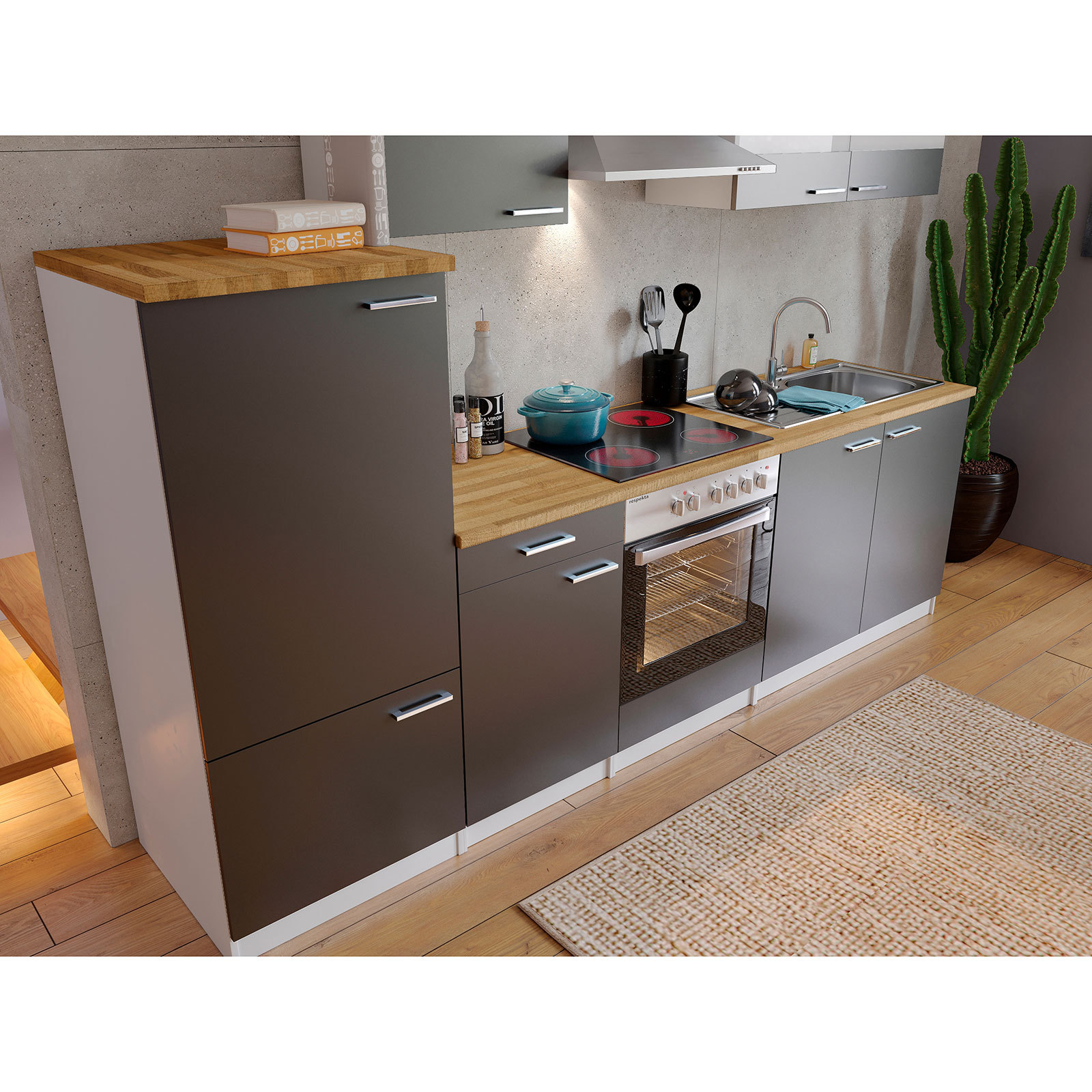 RESPEKTA Küchenblock - grau-weiß - mit E-Geräten - 270 cm