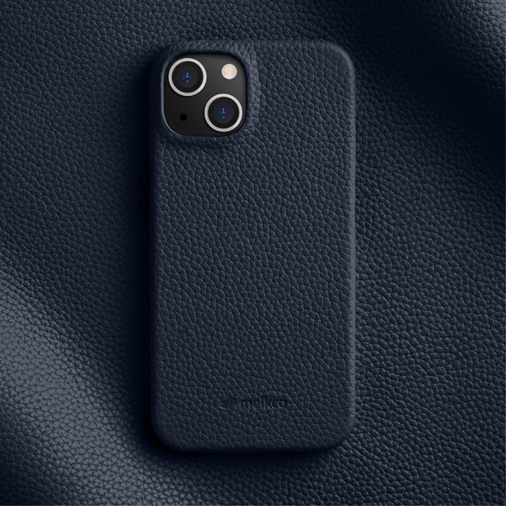 iPhone 14 Echtleder Hardcase Hülle Litchi Look - Dunkelblau