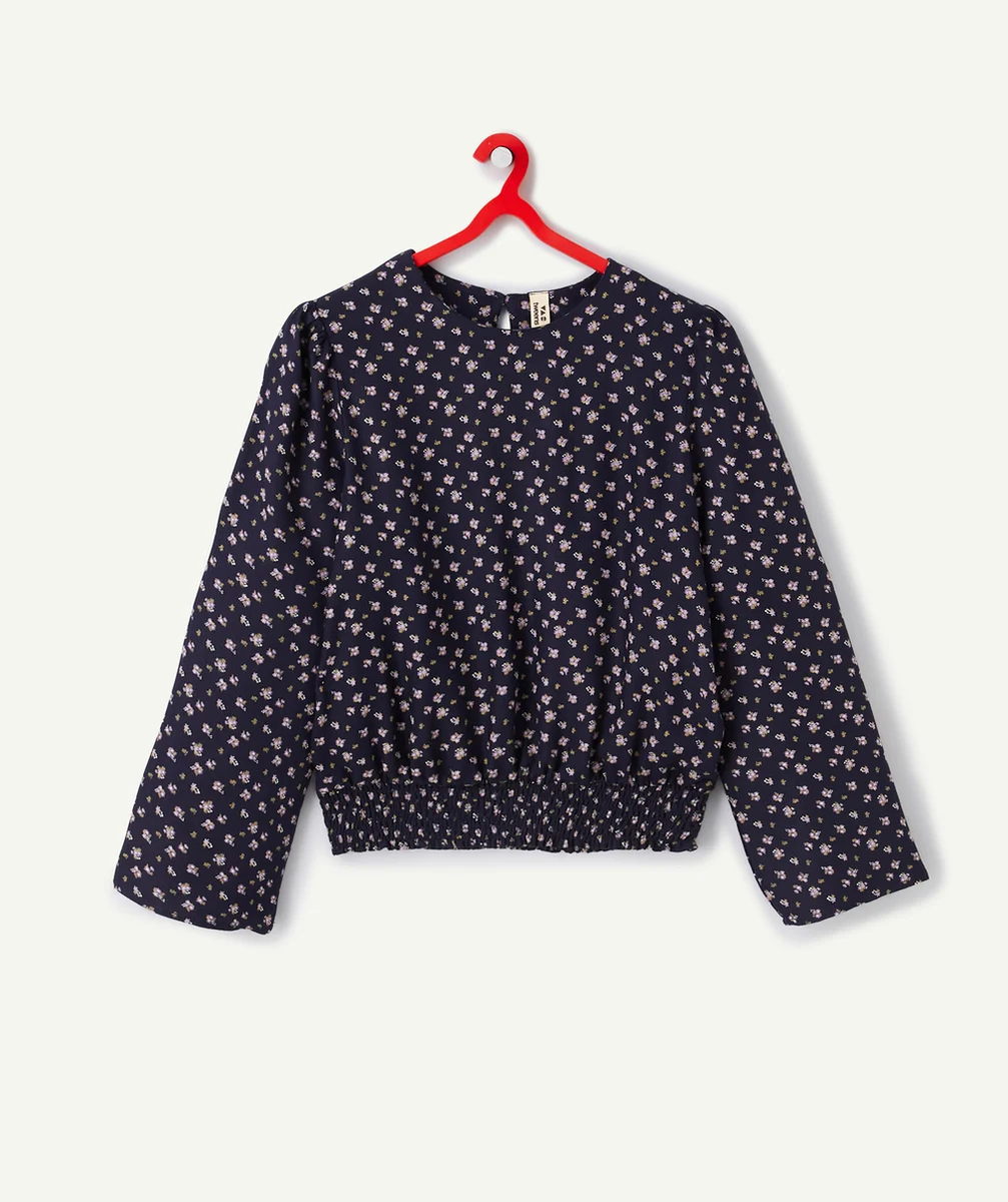 BLOUSE FILLE EN VISCOSE RESPONSABLE BLEU MARINE ET FLEURIE