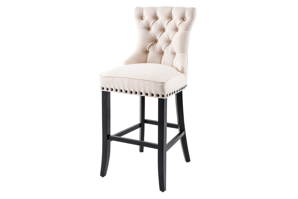 Design Barhocker CASTLE beige schwarz Strukturstoff mit Lehne Holz Chesterfield