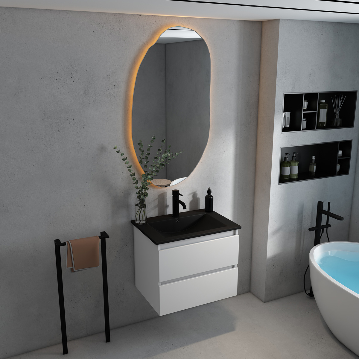 Fontana Rovigo badmeubel 60cm met zwarte wastafel en kraangat mat wit